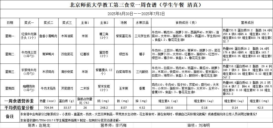  2025年6月30日-2025年7月3日学生午餐食谱
