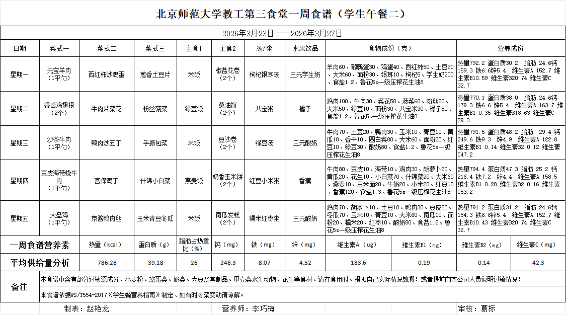  2026年3月23日-2026年3月27日学生午餐食谱