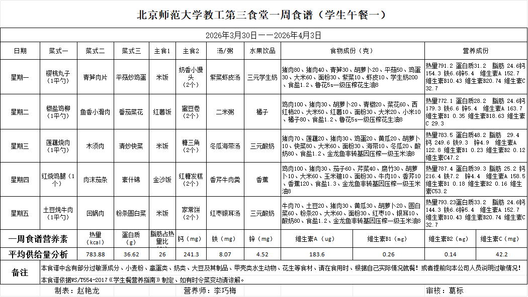  2026年3月30日-2026年4月3日学生午餐食谱