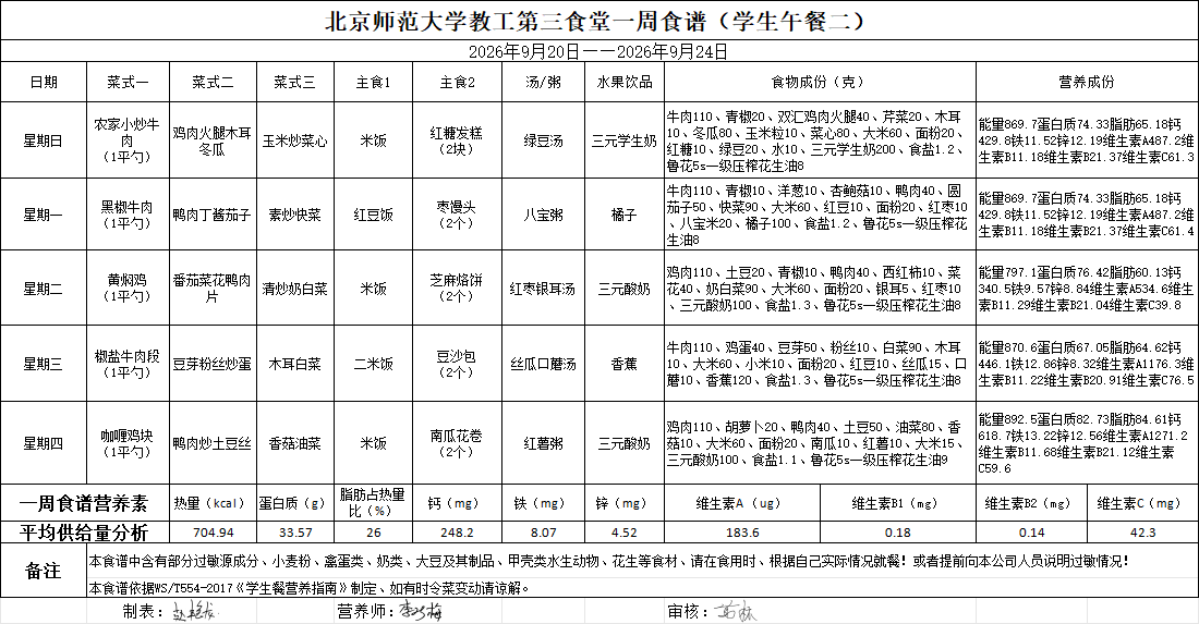  2026年9月20日-2026年9月24日学生午餐食谱